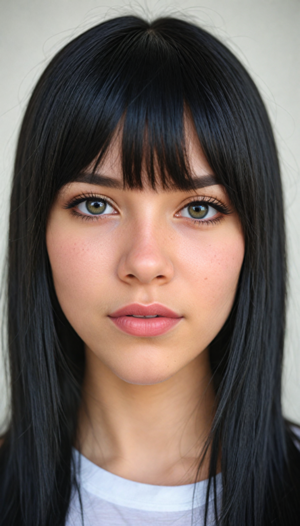 a realistic, detailed, dynamic photography from a beautiful young teen (Emo girl), with (detailed obsidian long soft straight hair, bangs), full kissable lips, looking into the camera, perfect detailed face, side view, (close up portrait), (stunning), (gorgeous), (white background)