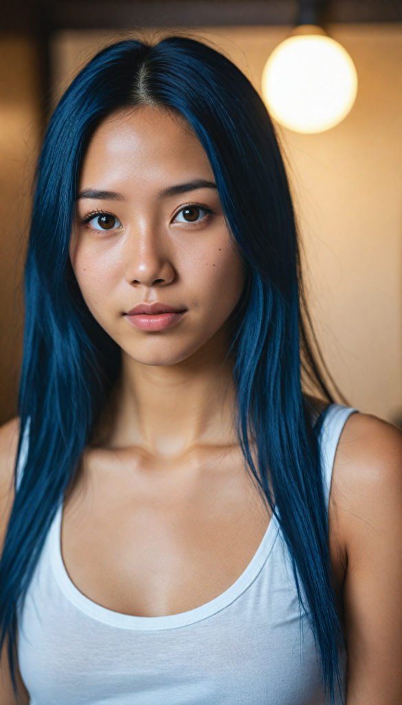 super realistic, detailed portrait, a beautiful young Asian girl with long dark blue hair looks sweetly into the camera. She wears a white tank top.