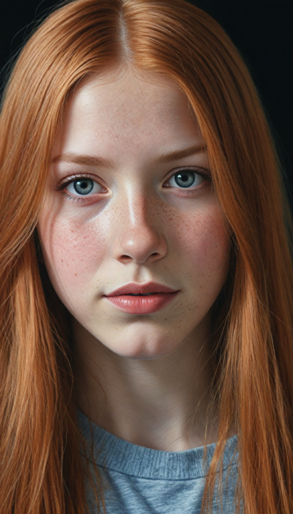 (portrait), detailed pencil drawing, silvery-skinned (young teen girl), long straight red hair (black background)