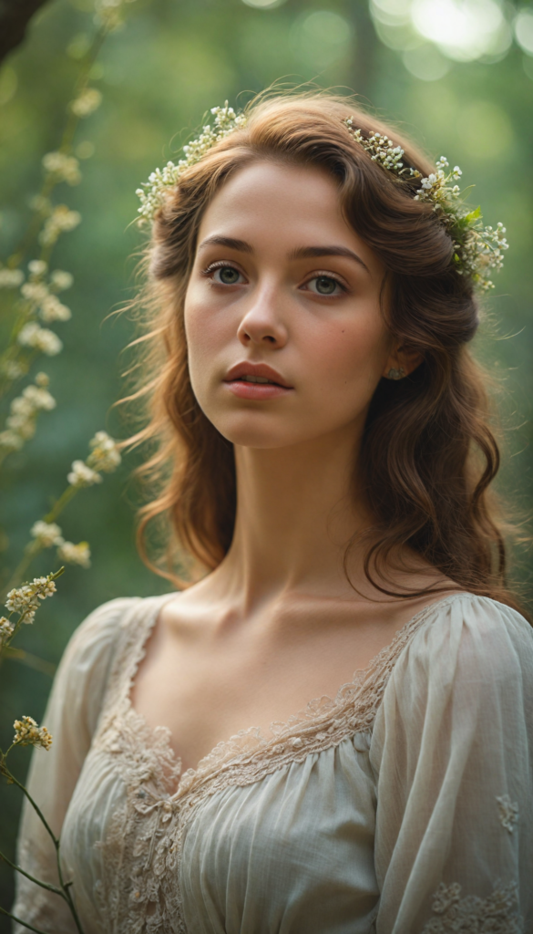 a dreamlike portrait of a stunning girl, her features softly illuminated with a warm, golden glow, enveloped in a delicate, ethereal haze that swirls around her like mist in a twilight forest, reminiscent of a 1970s romantic novel cover; her hair flows like liquid gold, adorned with wildflowers, as she gazes thoughtfully into the distance, embodying a sense of serene enchantment and nostalgia, capturing the whimsical elegance of a vintage art style reminiscent of classic fairy tales, blending realism with surrealism in a soft, painterly texture.