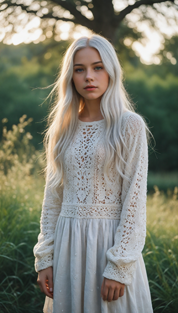 a whimsical young teen girl with cascading long straight white hair, wearing an exquisitely detailed super fine wool sweater adorned with intricate motifs, set against a dreamy pastel landscape; the scene is bathed in soft golden sunlight, evoking a magical, fairy-tale aura, in the style of classic children's book illustrations combined with a touch of contemporary realism.