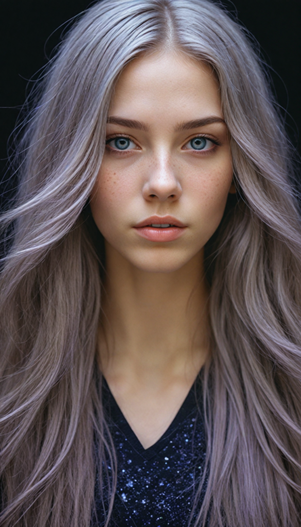 (portrait), intricately detailed pencil drawing, silvery-skinned (young teen girl) with cascading long straight molten copper hair that glimmers like liquid metal, piercing violet eyes reflecting a cosmic universe, set against a velvety black background that appears to shimmer with starlight, reminiscent of a blend between classical realism and modern fantasy illustration