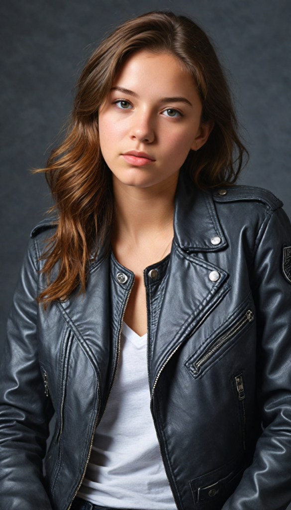 a teen girl, best quality, masterpiece, ultra high resolution, photo realistic, detailed skin, (black short aviator leather jacket), lounging, (grey background)