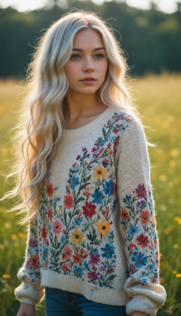 a whimsical young teen girl with long, flowing white hair, adorned in a luxurious, intricately knitted super fine wool sweater featuring vibrant patterns inspired by nature, standing in a sun-drenched meadow filled with colorful wildflowers, the sunlight casting a golden hue on her delicate features, hyper-realistic style reminiscent of a detailed portrait painting, capturing both the softness of the fabric and the shimmering quality of her hair.