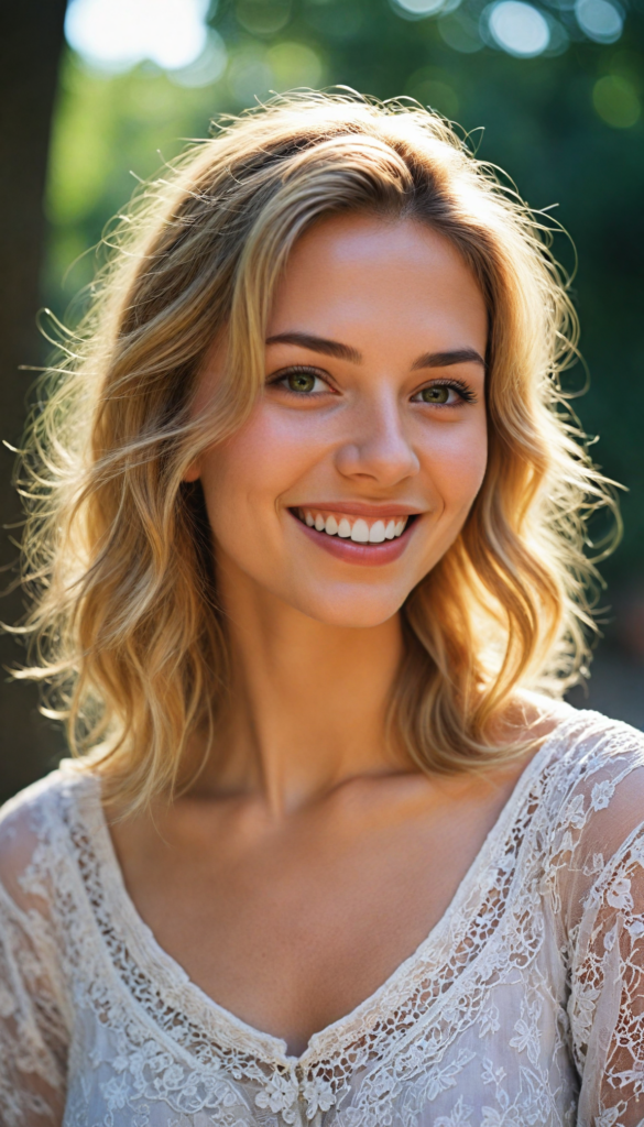 a vividly intricate portrait featuring the upper body of a radiant young girl with an enchanting, flawless figure, adorned in a stylish, low-cut crop top that flutters in a gentle breeze. Her beaming smile reveals pearly white teeth, framed by a detailed, round face that glows with youthful exuberance. Cascading down her shoulders, her long, straight summer blonde hair is kissed by golden sunlight, creating a halo effect. The background bursts with vibrant floral patterns, reminiscent of Van Gogh's brush strokes, infusing the scene with a dreamy, whimsical atmosphere. Soft pastel colors blend harmoniously, enhancing the overall radiant and cheerful essence of the portrait.