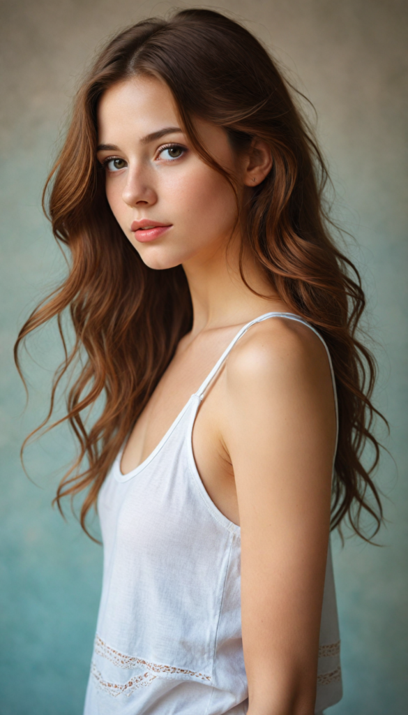 a beautifully intricate and lifelike portrait of a charming teen girl with cascading, silky copper-brown hair flowing down her back, her expressive brown eyes twinkling with warmth and curiosity, adorned with perfectly shaped full lips that seem ready to smile, highlighted by soft, ethereal lighting that enhances her youthful glow. She wears a delicate white tank top crafted from luxurious fine wool, subtly revealing her perfectly curved silhouette, surrounded by an enchanting, dreamlike background of pastel colors that softly blend into one another, reminiscent of a serene twilight sky, with hints of surrealism inspired by the works of Gustav Klimt.