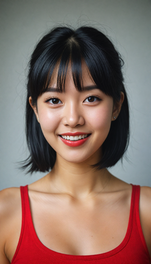 a (detailed and perfect portrait) of a (beautiful young cute Korean girl, warm smile, perfect body), round head and eyes, full red lips, with (very long, straight soft jet black hair), bangs cut, wearing a deep neckline cropped tank top