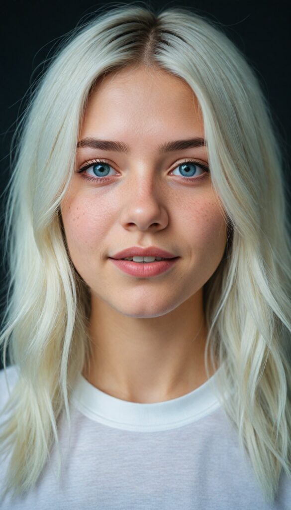 a breathtakingly detailed and hyper realistic (professional photograph), portraying an intensely sorrowful expression on the face of a young teen girl with straight, silky jet white soft hair cascading down her shoulders, round face, full lips, smile, white teeth despite its perfect length and texture suggesting advanced age, paired with a minimalist (white short sleeve t-shirt)