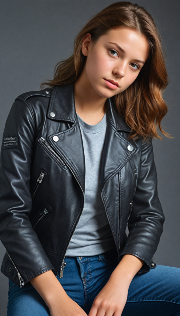 a teen girl, best quality, masterpiece, ultra high resolution, photo realistic, detailed skin, (black short aviator leather jacket), lounging, (grey background)