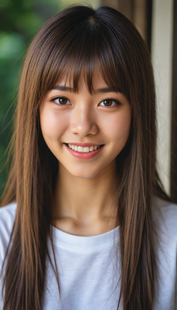 (portrait), detailed, (a Japanese young cute girl), long straight soft detailed hair, realistic detailed amber eyes, bangs cut, white t-shirt, smile, white teeth