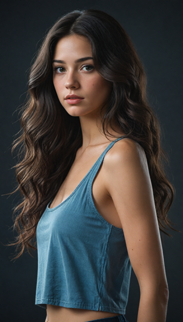 a (super realistic and highly detailed full-body photo), capturing a (beautiful and innocent Caucasian girl) with (very long, thick, wavy black hair), and (a short, cropped tank top), she stands in a (dark, gloomy setting) with (volumetric lighting) that brings out her (natural features) and (beautiful eyes), set against a (plain, dark backdrop) that focuses on her face, with (black hair) (perfect, accurate anatomy) and (high quality, high detail) that make her a (super-realistic, 3D character)