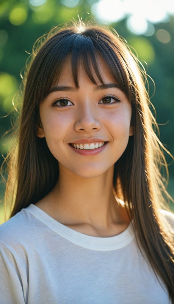 a detailed and realistic photo from a (cute) Asia teen girl (long, straight light brown hair, bangs), (stunning), beautifully realistic, cinematic lights, realistic detailed angelic round face, (realistic detailed amber eye) looks happy at the camera, perfect curved body, (wears a super short tight (white t-shirt)), perfect anatomy, side perspective, against a sunny green backdrop