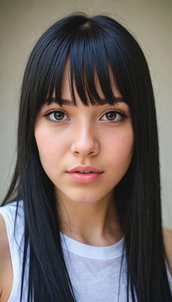 a realistic, detailed, dynamic photography from a beautiful young teen (Emo girl), with (detailed obsidian long soft straight hair, bangs), full kissable lips, looking into the camera, perfect detailed face, side view, (close up portrait), (stunning), (gorgeous), (white background)