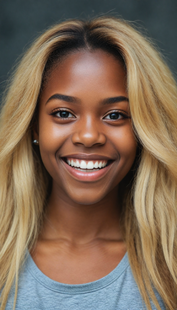 (portrait) (stunning) detailed, a beautiful young happy melanin girl, long straight soft blonde hair, (grey crop top)