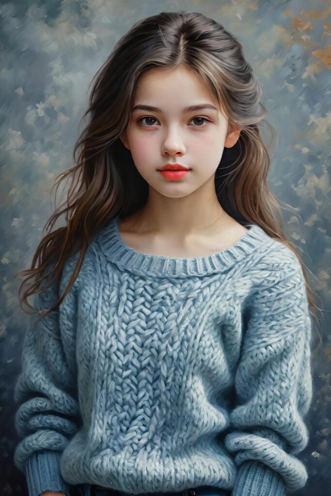 super realistic, detailed, ((gorgeous)) ((stunning)) cute young girl, full portrait, 18 years old, oil painting style, thin wool sweater