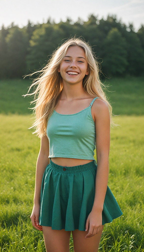 a beautiful, sweet teen girl stands on a green meadow, smile very happy, long messy flowing summer blonde hair, (short spandex crop top), sunny background