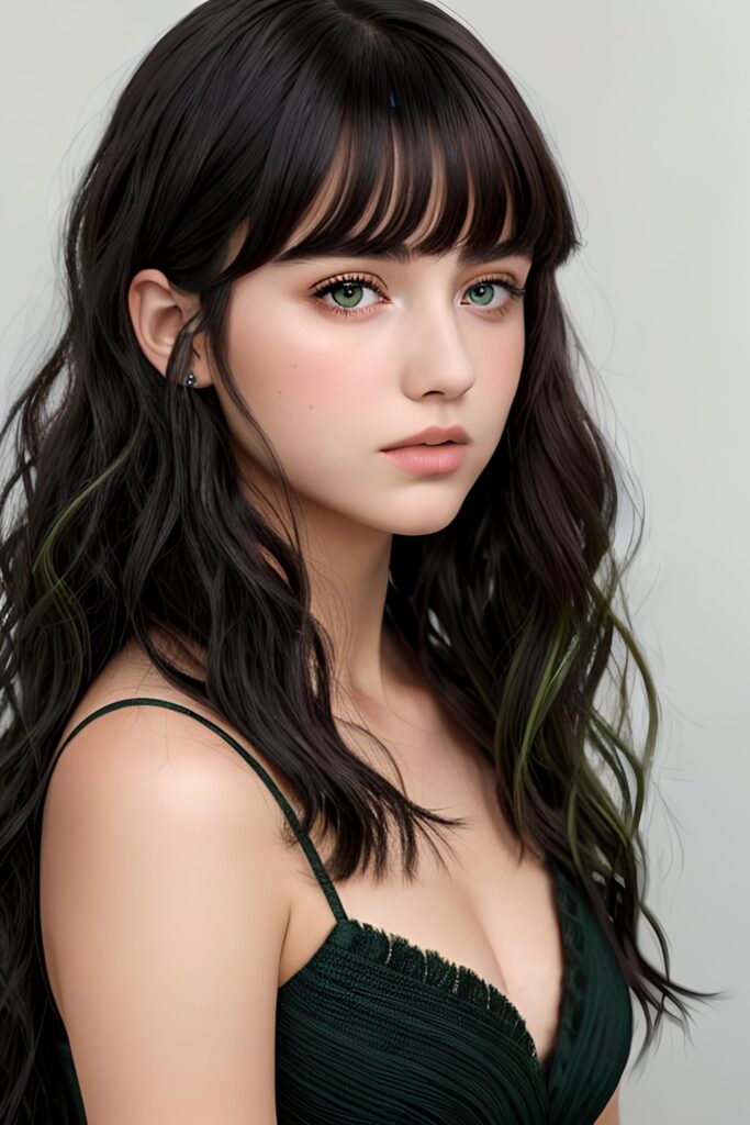 ((gorgeous)) ((stunning)) ((portrait)) masterpiece of teen girl detailed face with green eyes, black wavy hair, bangs cut