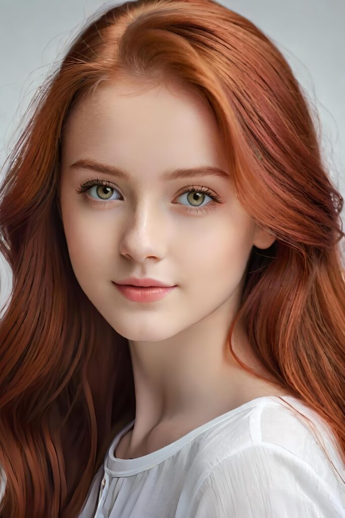 super realistic, detailed portrait, a beautiful young girl with long hair looks sweetly into the camera. She wears a white shirt.