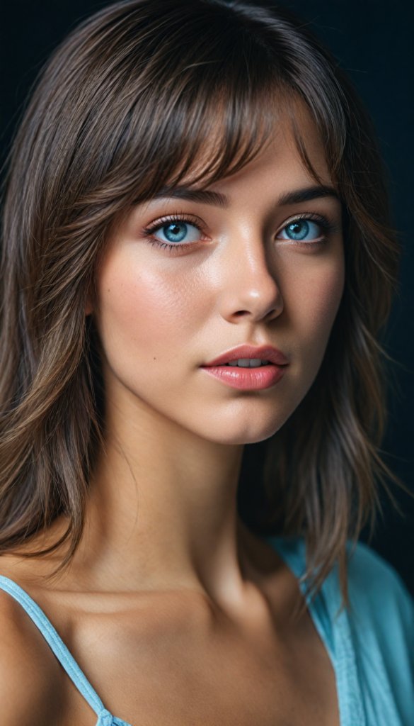 a young beautiful girl, (jet soft straight hair, bangs frame her face), (full natural lips), (mouth slightly open), (seductive look), glossy shiny tanned skin, (realistic shiny round light blue eyes), (angelic face), black background, (perfect shadows), (weak light falls into the picture from the side), (perfect curved body), she looks seductively at the viewer, (flawless skin), (side view) (ultra realistic photo) (stunning) (gorgeous) (4k) (upper body)