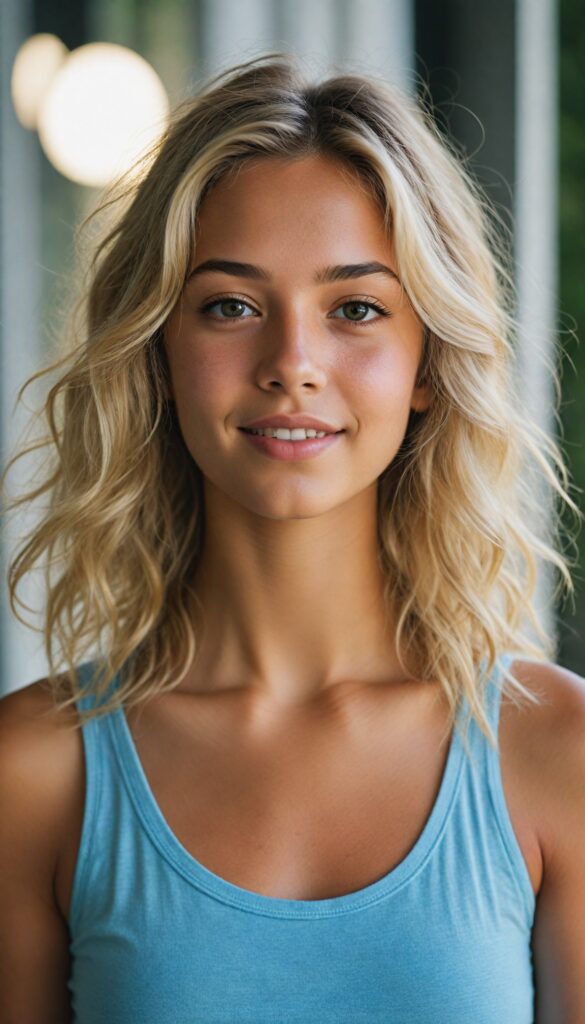 visualize a (tanned tomboy petite Exotic teen girl) with long, (realistically detailed summer blond hair), posed in a (cinematic light setup) for a portrait shot, her face radiant with joy, featuring a (flawlessly detailed round face), a (short form-fitting cropped plain tank top), which beautifully showcases her perfect physique, with (realistic details), such as a (curvy yet toned silhouette), beach in backdrop