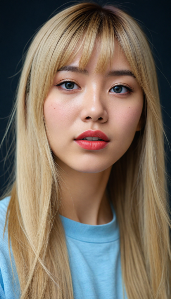 create a detailed and masterpiece of (side view) portrait: a Japanese girl, long blond soft straight hair, bangs, she looks astonished and her mouth is slightly open, (her eyes are light blue) (full red lips) (round face) perfect shadows and light, she wears a black soft t-shirt