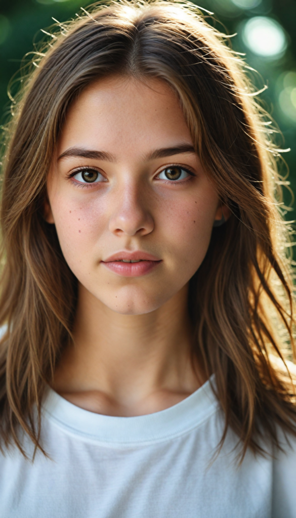 detailed and realistic photo from a young teen girl, soft brown hair, close up portrait, white t-shirt, (gorgeous) (stunning)