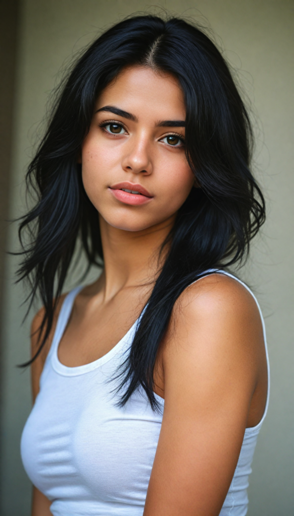 a (stunningly gorgeous) (detailed and realistic portrait) featuring a cute Arab teen girl who wears a (white short cropped tank top), long straight obsidian black hair, she has a perfect curved body