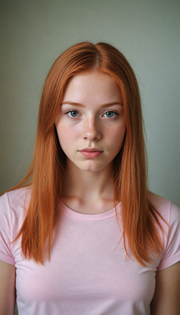 a innocent (red-haired teen girl), straight hair, wears a light pink thin form-fitting t-shirt