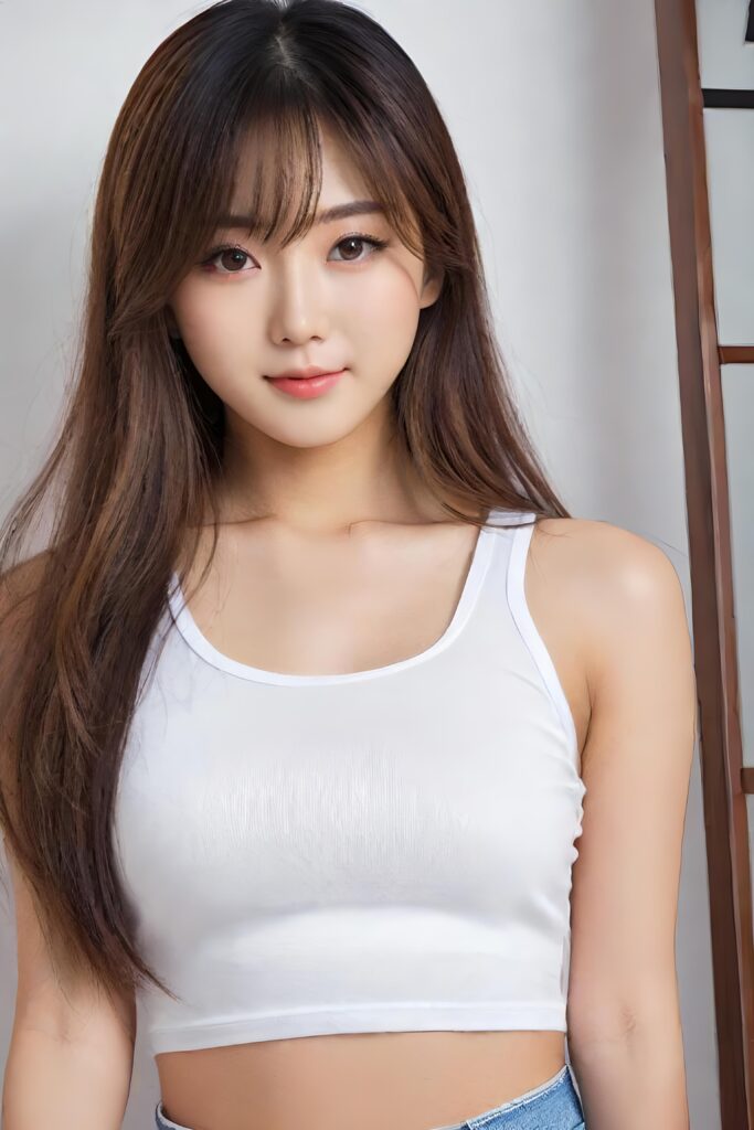 super realistic, detailed portrait, a beautiful young busted girl with long hair, looks sweetly into the camera. She wears a white crop top, perfect curved body