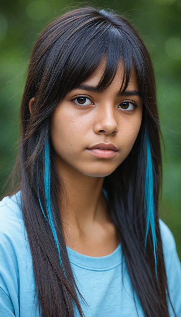 a beautifully drawn (brown-skinned teen emo girl) with flowing, softly waving (straight hair) framing her face in side bangs and highlighted by a contrasting light blue complexion, expressing a poignant feeling of melancholy and emotional detachment, set against a softly grey (backdrop)