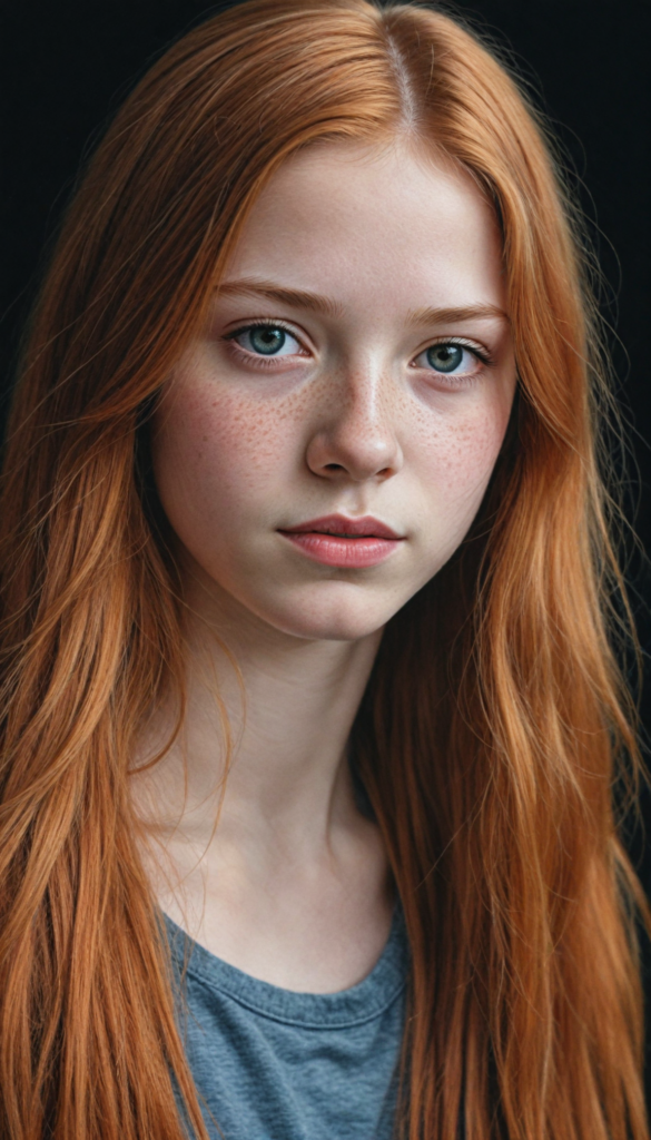 (portrait), detailed pencil drawing, silvery-skinned (young teen girl), long straight red hair (black background)