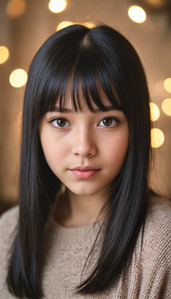 create a portrait of a cute, beautiful, sweet, kind, adorable, breathtaking, delicate, pretty, graceful, elegant, very young girl with long, straight, silky black hair, bangs, light brown eyes, full lips, wearing a warm sweater. (The background is slightly blurred)