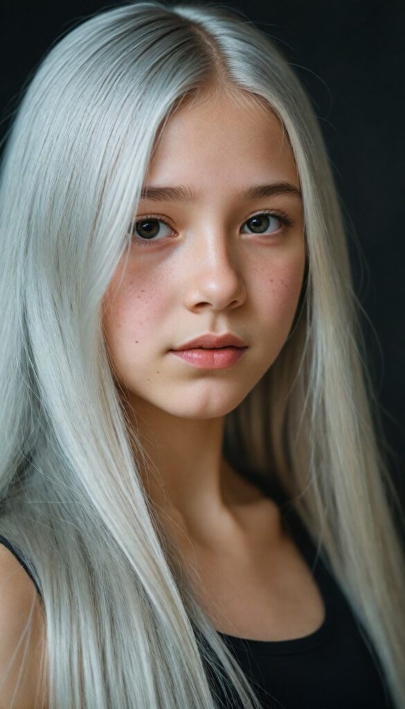 (portrait), detailed, silvery-skinned (young girl), long straight platinum hair, (black thin and short dress)