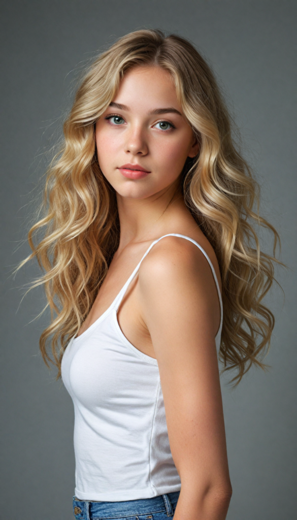 a (beautifully drawn full body portrait) of a (young teen girl with long, jet straight summer blond hair), capturing a (stunningly realistic) curl pattern, advanced facial features that exude cuteness, like (baby-doll eyes), a cropped bang haircut that frames her face, hair color that mimics (hazelnut) tones, a detailed yet angelic complexion, looking directly into the camera, a (side profile portraits), with impeccably drawn curves and contours that match her figure, against a (softly contrasting white backdrop), a short, sleeveless top and super short, cuffed pants that accentuate her (flawless anatomical proportions)