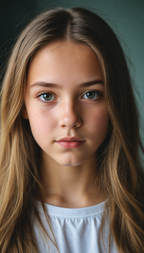 super realistic, detailed portrait, a beautiful young girl with long soft hair, looks sweetly into the camera. She wears a white crop top