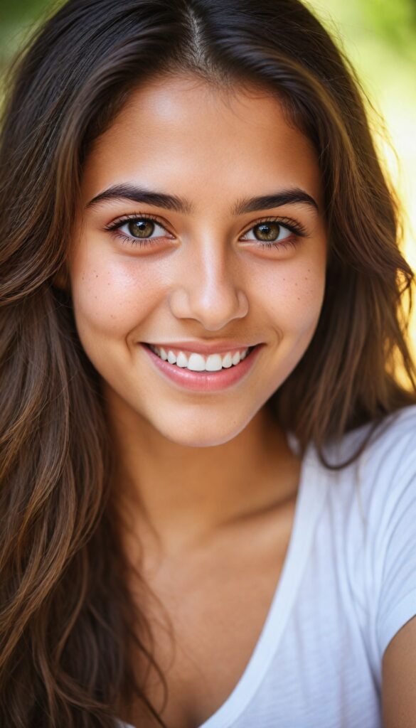 a young cute and busty teen girl from middle east, (stunning) (gorgeous) (detailed close-up portrait), plain soft hair, white t-shirt, detailed beautiful eyes, deep v-neck, smile, sunny backdrop