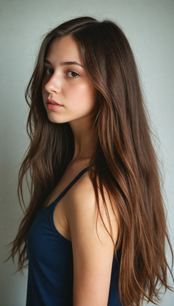 an attractive (teen girl) dressed in a sleek, (short-cropped tank top), with flowing, long tresses soft hair, cascading down her back, captured in a (vividly realistic photo). Her features are softly highlighted by the dimly lit room