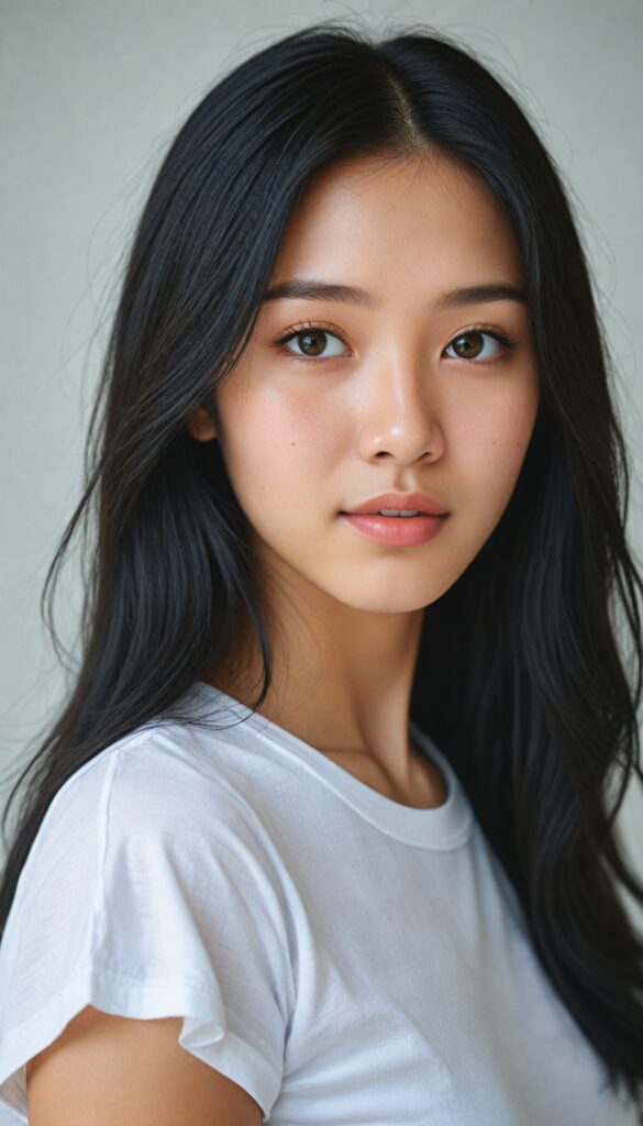 a breathtakingly (realistic portrait), capturing the essence of youthful beauty, featuring a (Asian teen girl) who exudes (serene elegance), with long, flowing (straight black hair), and a (flawlessly detailed angelic face), where her (soft, realistic hazelnut eyes), she is clad in a white T-shirt, with flawless anatomical proportions that draw the eye, against a (subtle, uncluttered backdrop of white). The overall atmosphere evokes a (cinematic sophistication) that exudes timeless appeal