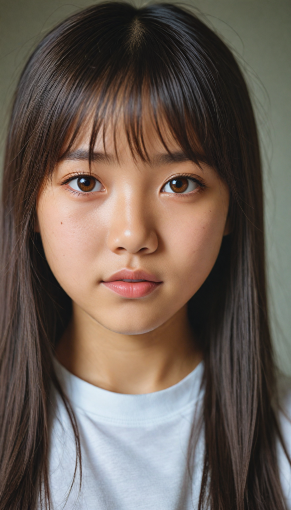 (portrait), detailed, (an Asian young cute girl), long straight soft detailed hair, realistic detailed amber eyes, bangs cut, white t-shirt