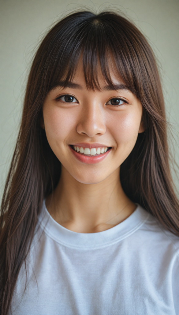 (portrait), detailed, (a young Korea girl), long straight soft detailed hair, Korean Style Bangs, realistic and detailed dark eyes, full lips, white t-shirt, smile, white teeth