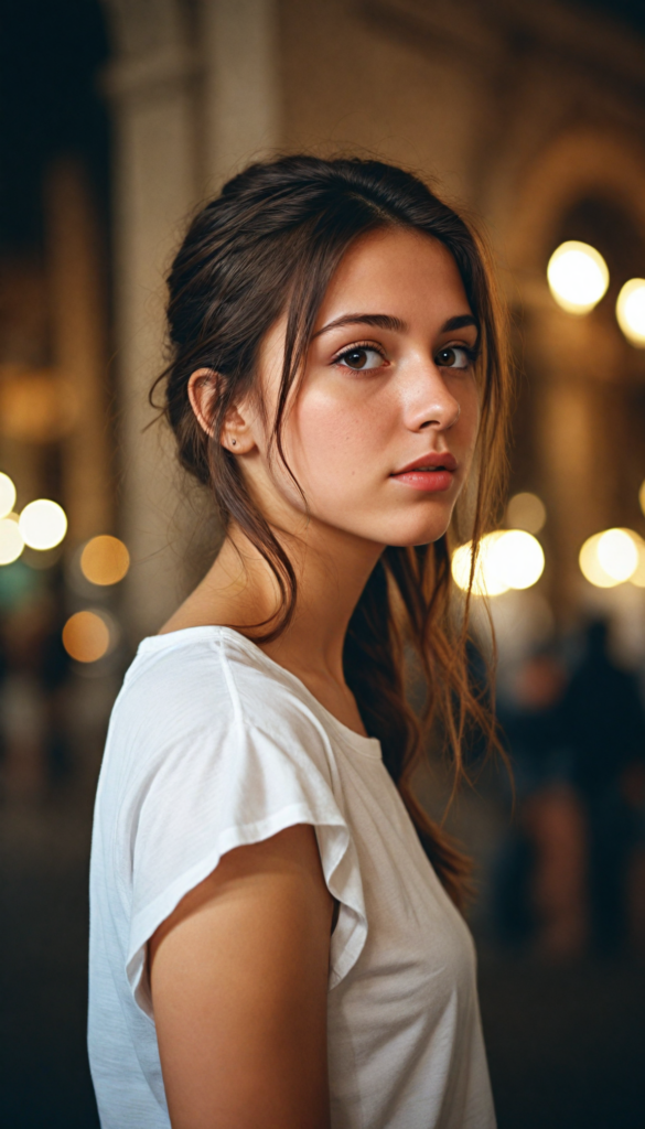 a beautifully realistic portrait, cinematic lights, Exotic teen girl, realistic detailed angelic round face, (realistic detailed eye) look at the camera, portrait shot, (wears a short (white t-shirt), white background, side perspective, (cute), (elegant), (attractive), (long, straight soft brown hair), (stunning)