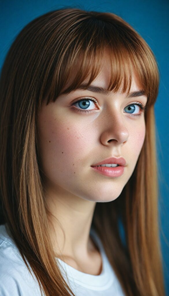 a (teen girl with bangs cut), (vividly drawn long, straight soft hazel hair) that reflects the light in a (professional night photograph), is depicted with exquisite detail, her face softly angelic yet realistically defined, big round eyes, wearing a (super short, sleek white T-shirt) against a blue backdrop, (side view)