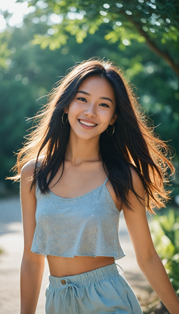 portrait of an enchanting young Asian girl with sparkling eyes and a joyful smile, wearing a stylish grey crop top, flowing long straight hair that dances with the breeze, showcasing an elegant silhouette in a whimsical side view. She pairs her outfit with chic grey high-waisted shorts that highlight her graceful curves. The background is a dreamy blend of soft pastel colors, evoking a serene afternoon light.