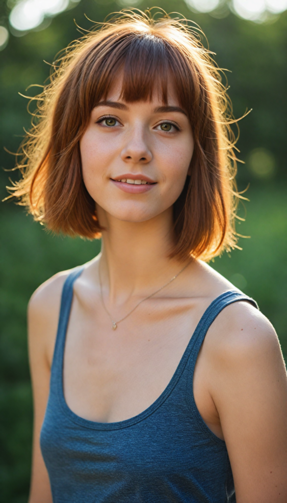 a beautiful (teen girl) with auburn hair in bob bangs cut, styled in a sleek, short-cropped tank top, (vividly realistic photo), (natural background), very happy, dimmed light