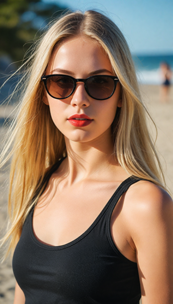 a cute young teenage girl with long straight blond hair wears sunglasses. She has full, red lips and wears a black, tight tank top which perfectly emphasizes her perfect body, accentuating her (navel) and (soft, youthful thighs) all against a sunny beach backdrop