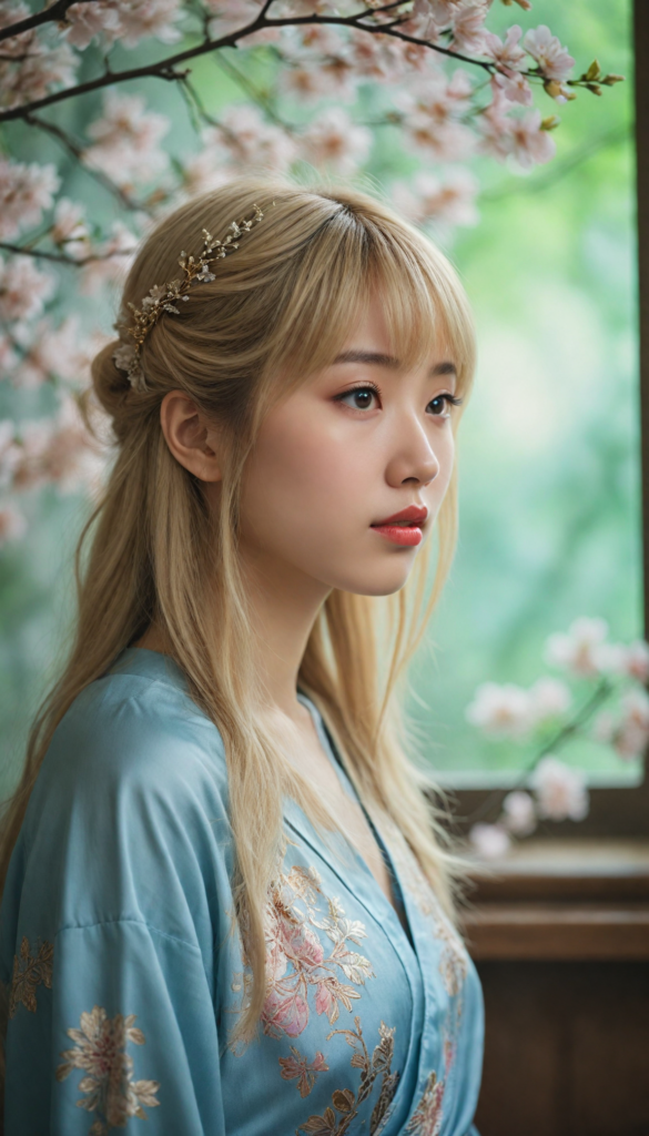 create a stunning and intricate side view portrait of a Japanese girl with flowing, silky blonde hair that cascades down her back. Her straight locks frame her round face, accented by delicate bangs. She gazes in astonishment, her light blue eyes wide and sparkling, with a hint of mischief, while her full red lips are slightly parted in surprise. Bathed in soft, ethereal light, the scene captures perfect shadows that play across her features, enhancing her natural beauty. She wears a black, softly draped t-shirt, adding a contemporary and elegant touch. In the background, a watercolor wash of pastel colors subtly blurs, echoing the serenity of a Japanese garden, with hints of cherry blossoms and vibrant greenery. The overall ambiance evokes a dreamy, whimsical atmosphere reminiscent of the works of Yoshitaka Amano, blended with the fluidity of Art Nouveau