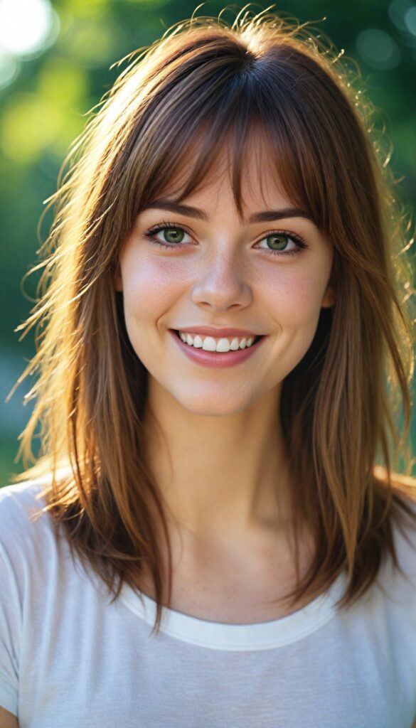 a detailed and realistic photo from a (cute) young girl (long, messy straight auburn hair, bangs), (stunning), (gorgeous), beautifully realistic, cinematic lights, realistic detailed angelic round face, (realistic detailed amber eye) looks happy at the camera, perfect curved body, (wears a super short tight (white t-shirt)), perfect anatomy, side perspective, against a sunny green backdrop