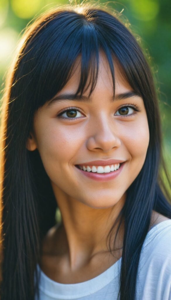 a detailed and realistic photo from a (cute) Indigenous teen girl (long, straight jet hair, bangs), (stunning), (gorgeous), beautifully realistic, cinematic lights, realistic detailed angelic round face, (realistic detailed amber eye) looks happy at the camera, perfect curved body, (wears a super short tight (white t-shirt)), perfect anatomy, side perspective, against a sunny green backdrop