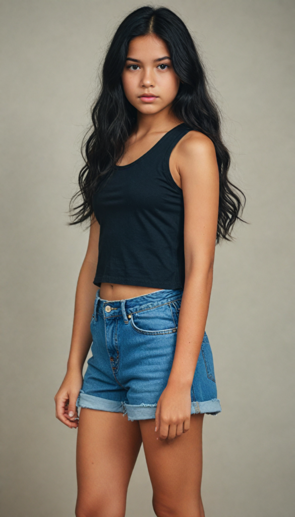 a (super realistic and highly detailed full-body photo), capturing a (beautiful and innocent young girl) with (very long, thick, wavy black hair), cropped tank top