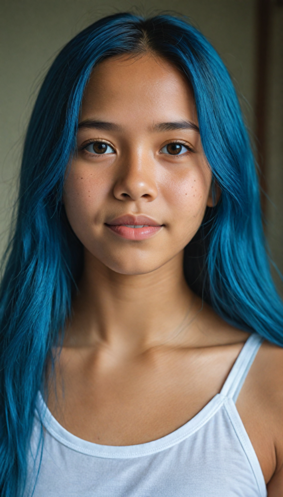 super realistic, detailed portrait, a beautiful young Filipino girl with long blue hair looks sweetly into the camera. She wears a white tank top.